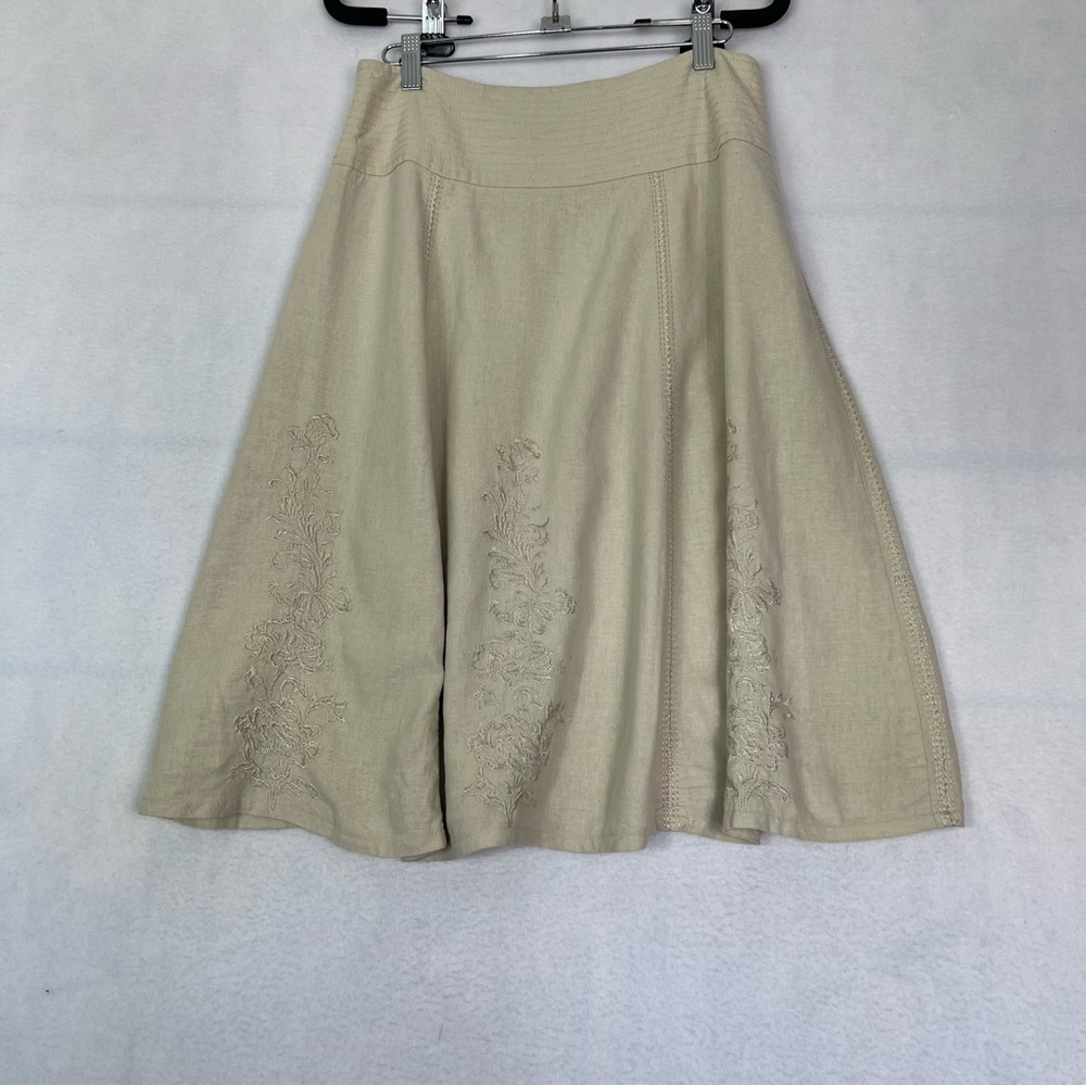 Hillard & Hanson Skirt Womens size:6 Tan Linen Blend Embroidered Flowers A Line